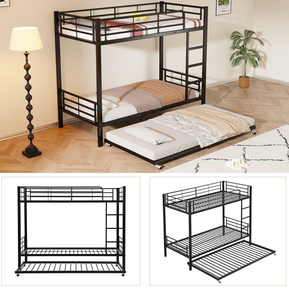 ETAGENBETT 90/200 cm mit Ausziehbett, Sicherheitsgittern, Leiter und Metallgestell, Schwarz - Schwarz, Metall (90/190cm) - Redom