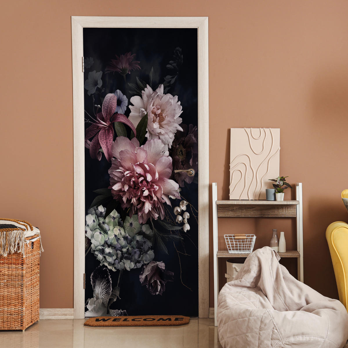 TÜRAUFKLEBER Blumen - Vintage - Pastell - Rosa - Weiß 85x215 cm - Türtapete - Altrosa, Kunststoff (85/0.1cm) - MuchoWow