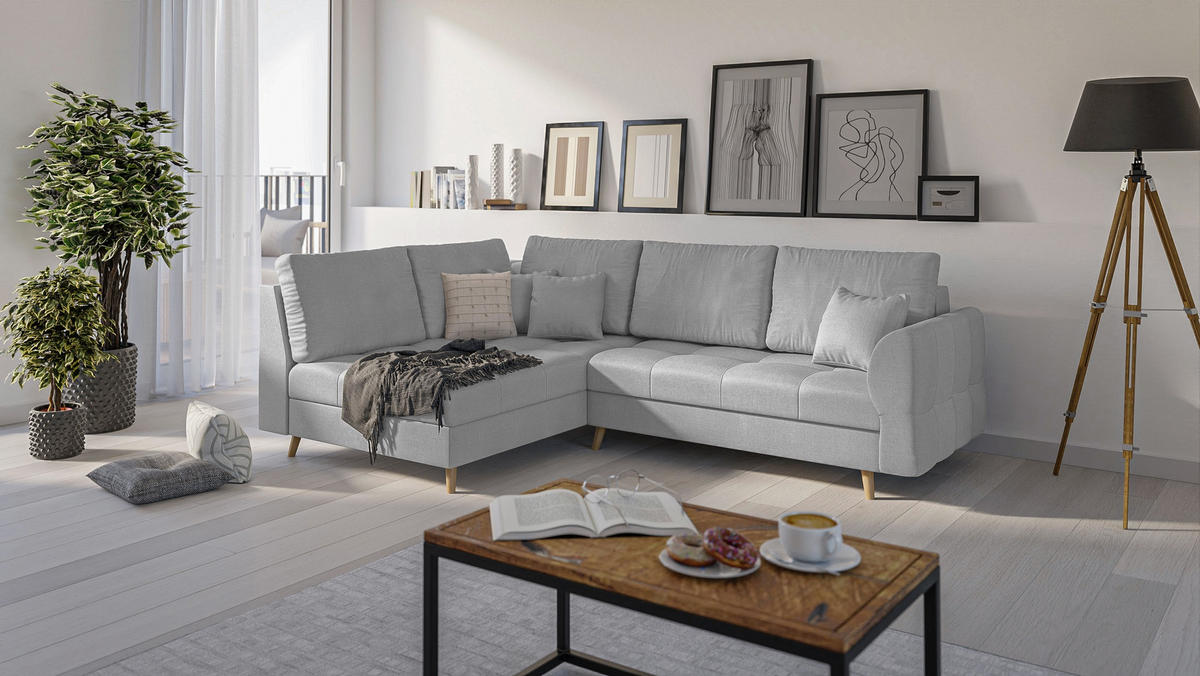 ECKSOFA MIT HOCKER Lorine Mikrofaser Grau - Hellbraun/Grau, Buchenholz/Textil (231/161cm) - S-Style Möbel