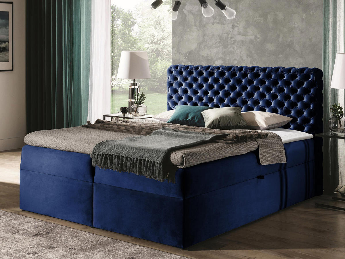 BOXBETT Chesterfield - Dunkelblau, Holz (180/200cm) - MIRJAN24