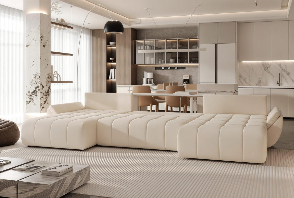 WOHNLANDSCHAFT DIEGO mit Schlaffunktion und Bettkasten Creme - Creme, Holzwerkstoff/Kunststoff (382/91/190cm) - Idohome