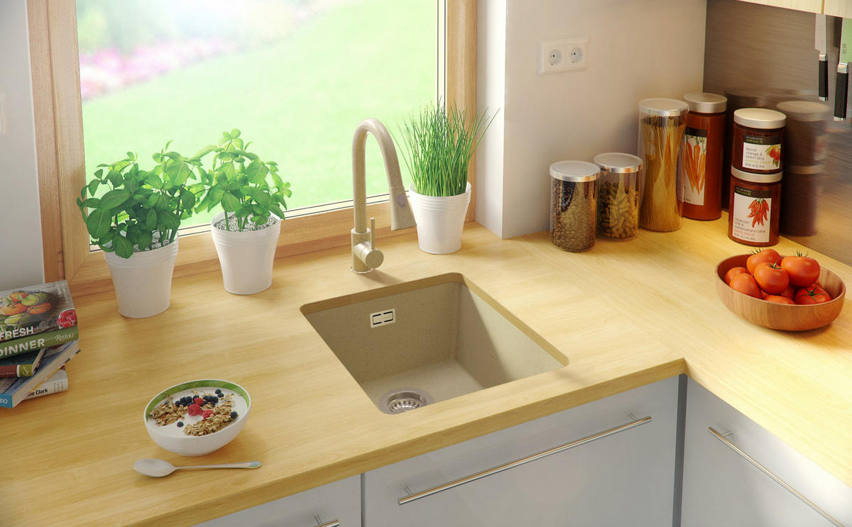 UNTERBAUSPÜLE GRANIT London, 2-er set Beige 41/47 cm 1 Becken + Ablauf-Set ab 45er Unterschrank - Chromfarben/Beige, Kunststoff (41/20/47cm) - Primagran