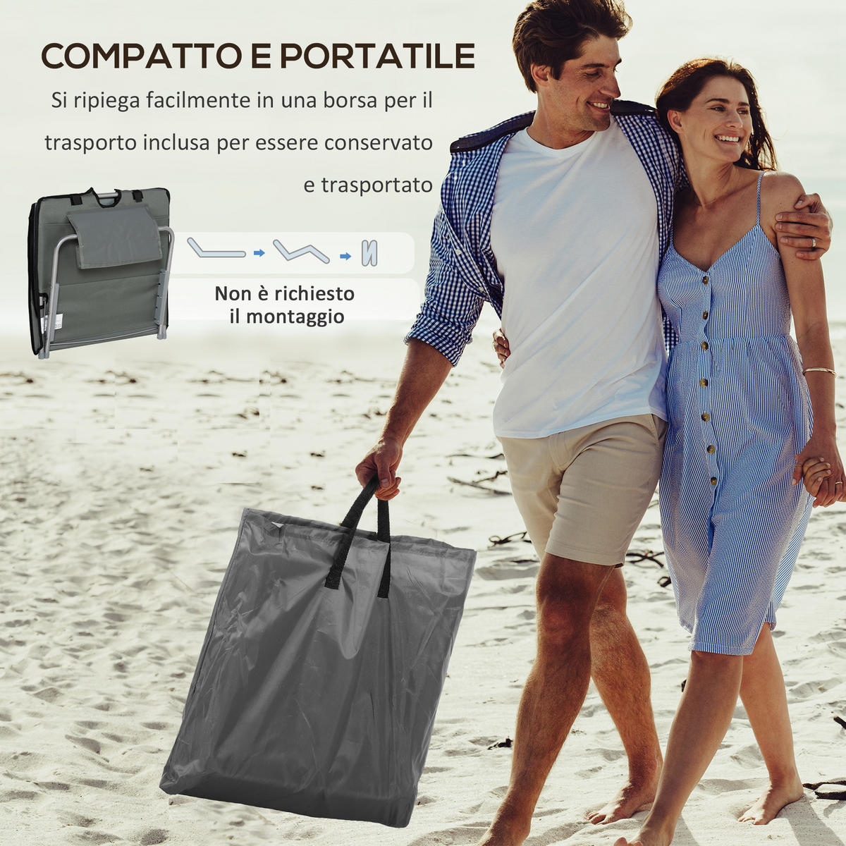 SONNENLIEGE Set mit 2 klappbaren Strandliegen mit 5-fach verstellbarer Rückenlehne und Tragetasche,124*53*45 cm,,Grau - Grau, Metall (53/45/124cm) - Vallsero