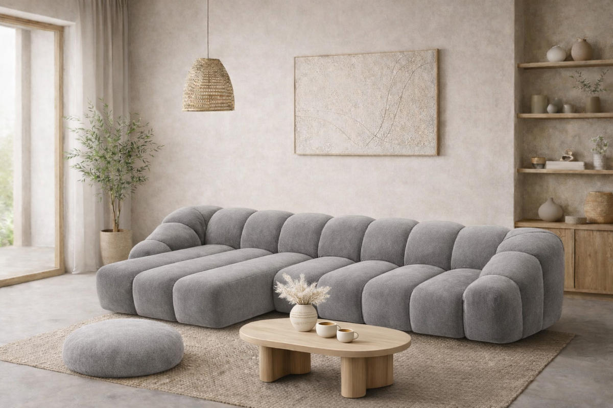 ECKSOFA Modulare L-Form, Veloursstoff Bluvel, Grau, Links, CROISSANT XL - Grau, Holz (340/190cm) - Kaiser Möbel