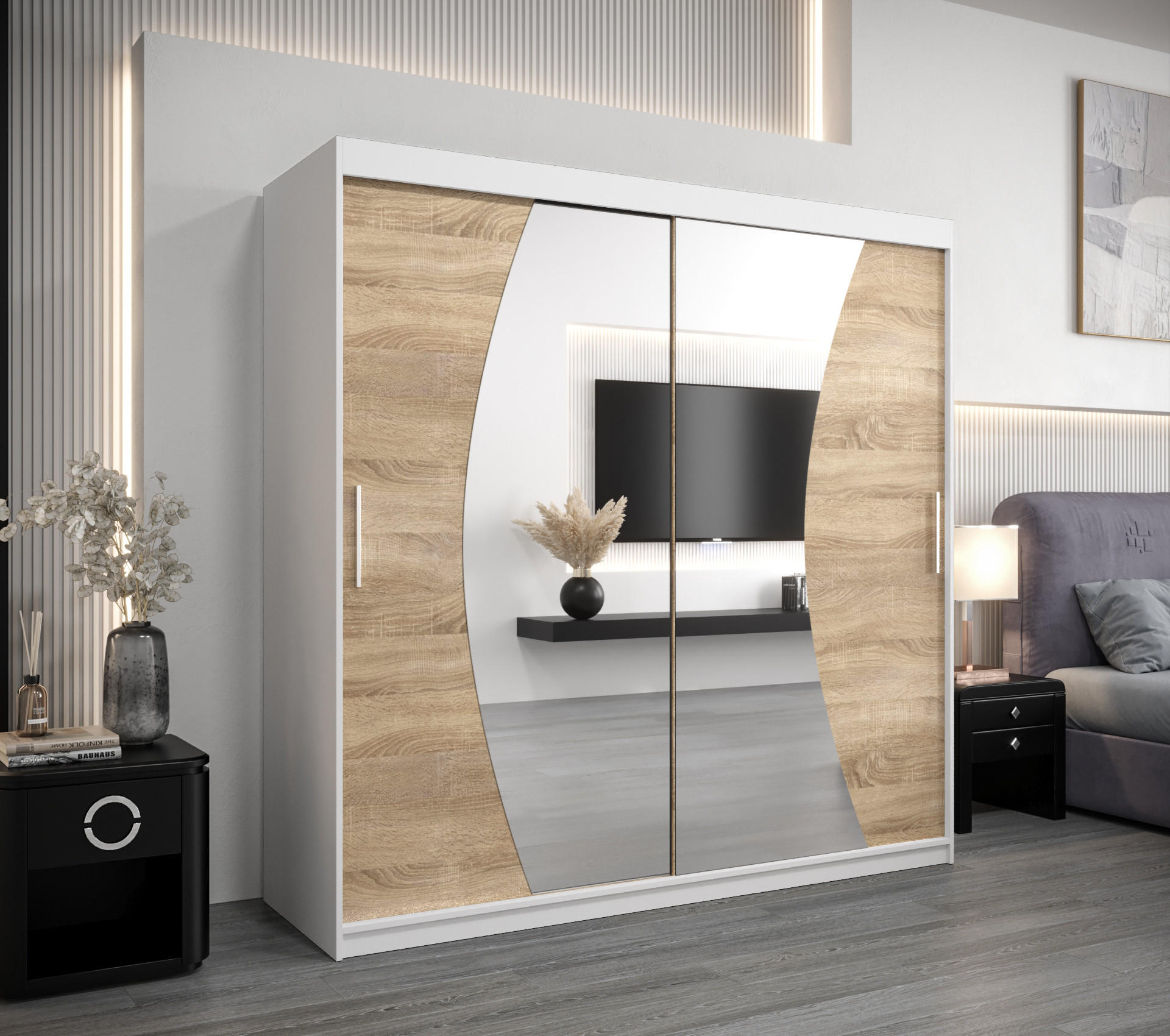 SCHWEBETÜRENSCHRANK 200/200/62 2-türig - Silberfarben/Weiß, Holz/Kunststoff (200/200/62cm) - Abiks Möbel