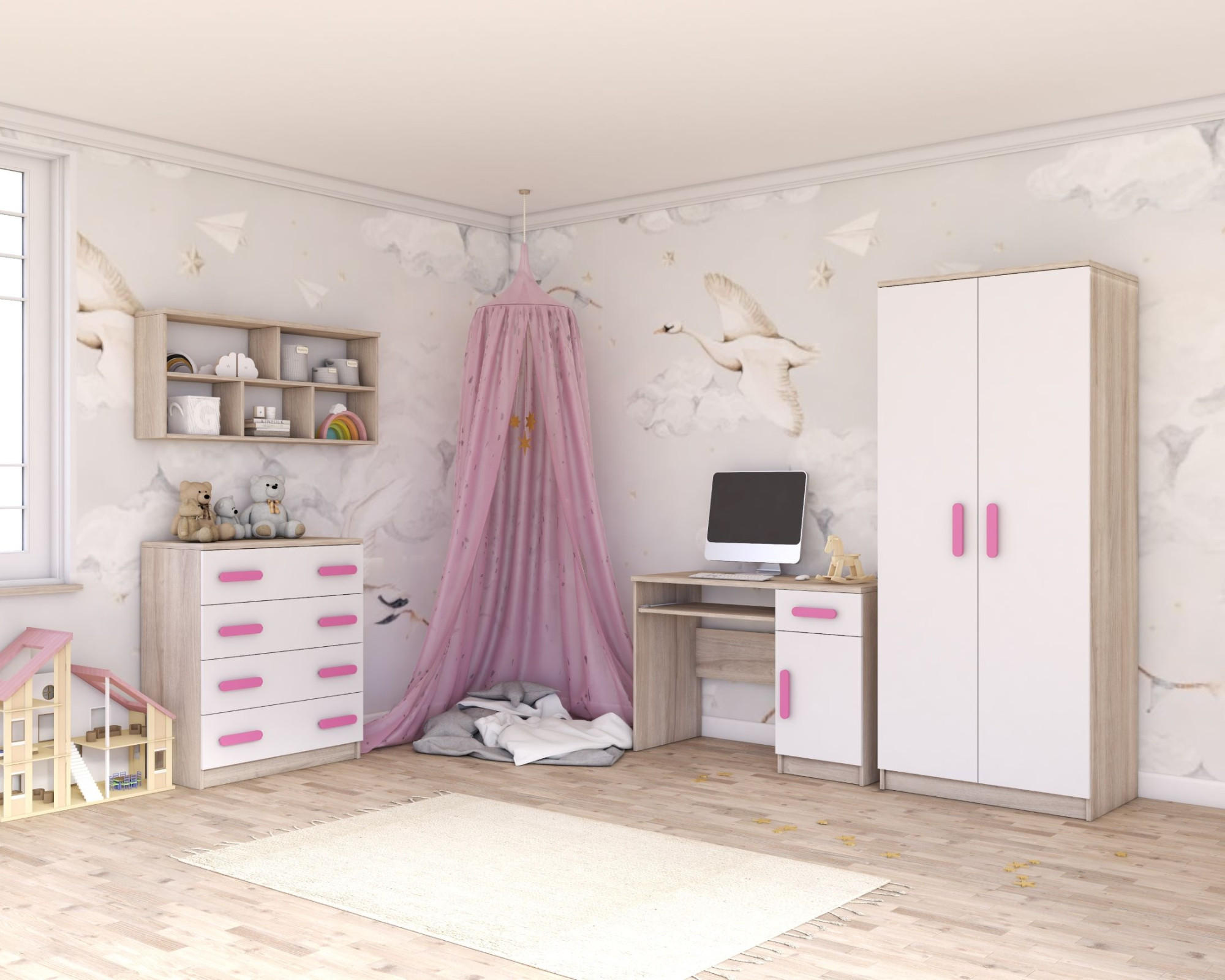 KINDERZIMMER-SET INGE III 4-teilig Weiß+Sonoma/Sonoma - Weiß/Sonoma Eiche, Holzwerkstoff (270/193/50cm) - Deine Möbel 24