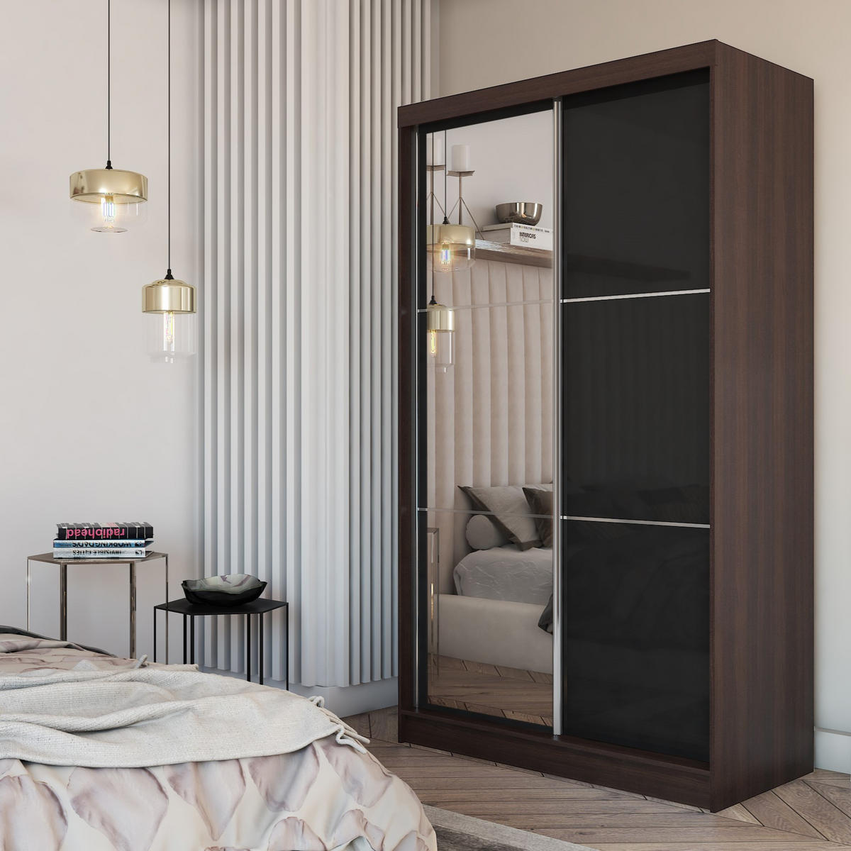 SCHWEBETÜRENSCHRANK VITALE 120/216/61 cm 2-türig mit Spiegel Wengefarben - Wengefarben/Schwarz, Holzwerkstoff (120/216/61cm) - MASSENO