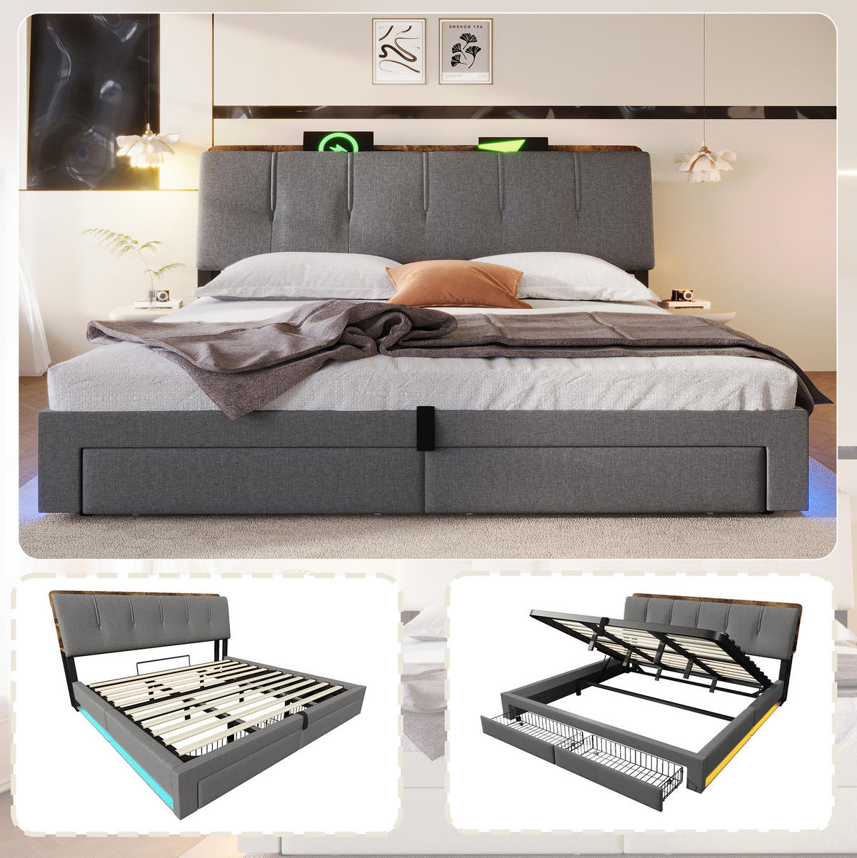 POLSTERBETT 180/200 cm aus Leinen mit LED-Beleuchtung und Stauraum Grau - Flieder, Textil (180/200cm) - Modenvie