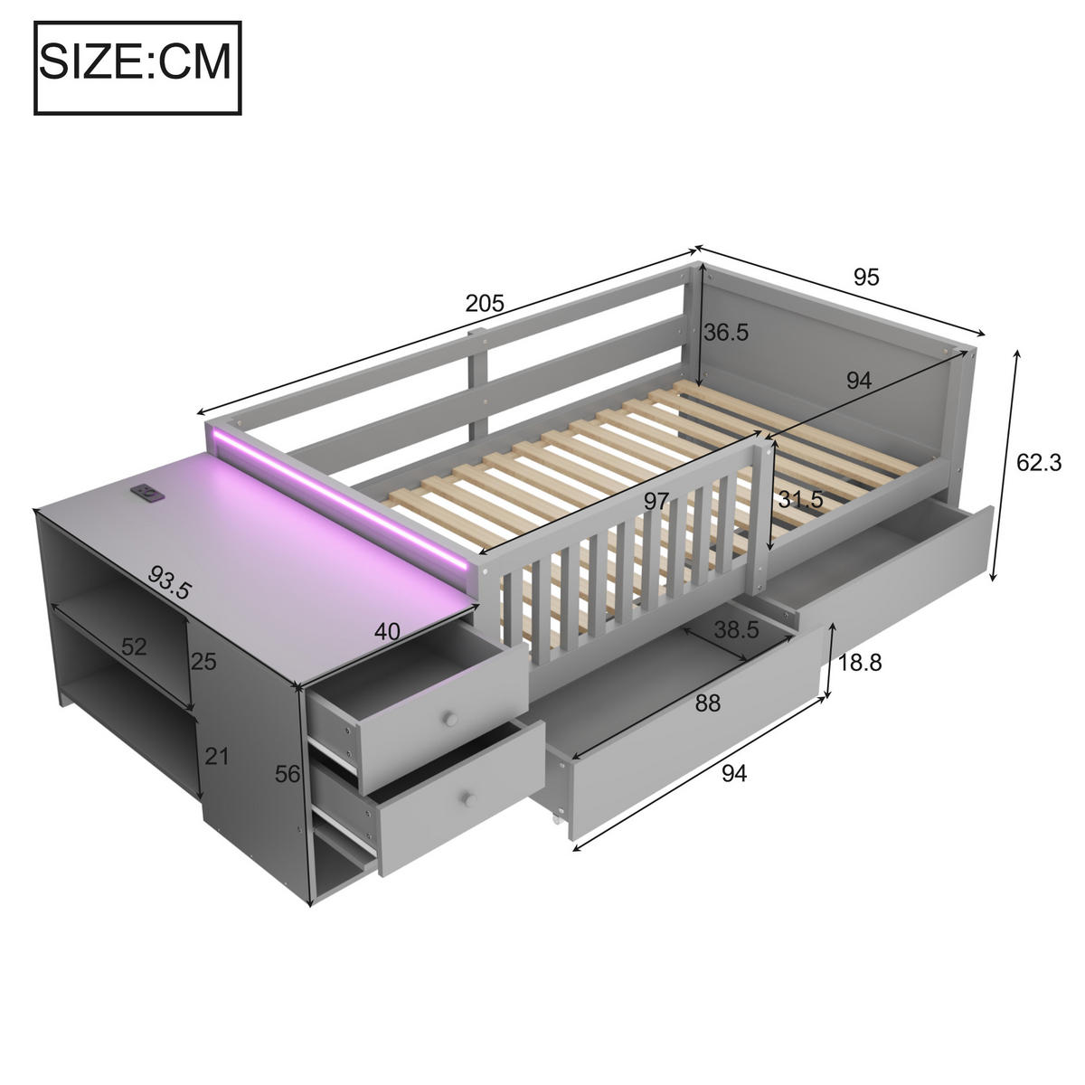 KINDERBETT 90/200 cm in Grau mit Stauraum, Schubladen, Regalen, LED, Steckdose und Sicherheitsgitter - Grau, Holzwerkstoff (90/200cm) - STILVORA
