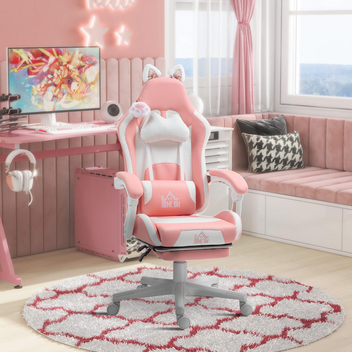 GAMING Stuhl Ergonomischer Gamer Stuhl mit Lendenwirbelstütze, Fußstütze Rosa - Rosa/Weiß, Leder/Kunststoff (62/124/65cm) - HOMCOM