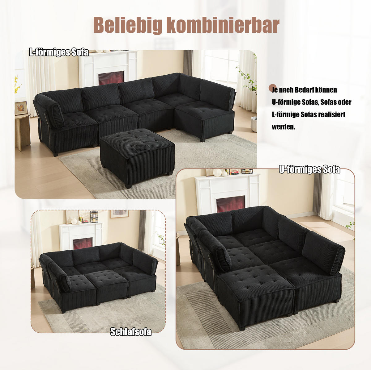 WOHNLANDSCHAFT Cord mit Seitentaschen 308/154/82 cm Schwarz - Schwarz, Kunststoff/Textil (154/82/308cm) - Redom