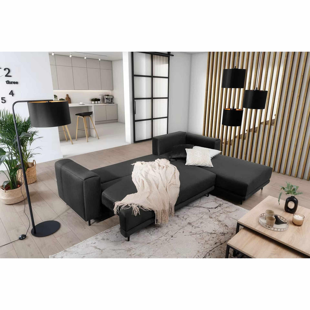 ECKSOFA mit Schlaffunktion und Bettkasten, Loco-Stoff - Dunkelgrau/Schwarz, Textil/Metall (190/289cm) - Eltap