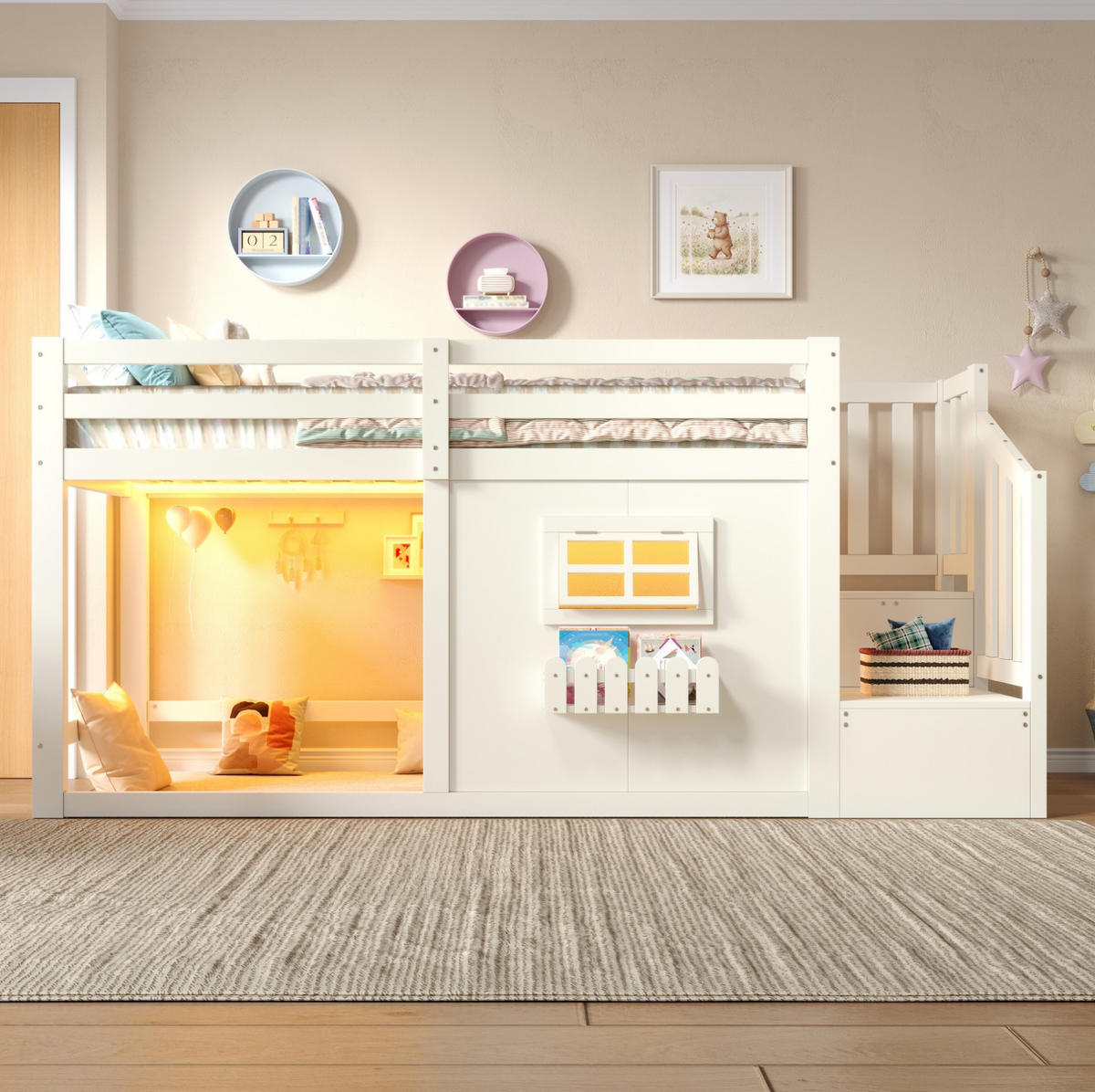 HOCHBETT aus Kiefernholz und MDF 90x200 cm Weiß mit Stauraumtreppe, Fenster und LED-Beleuchtung - Weiß, Holzwerkstoff (90/200cm) - Modfu