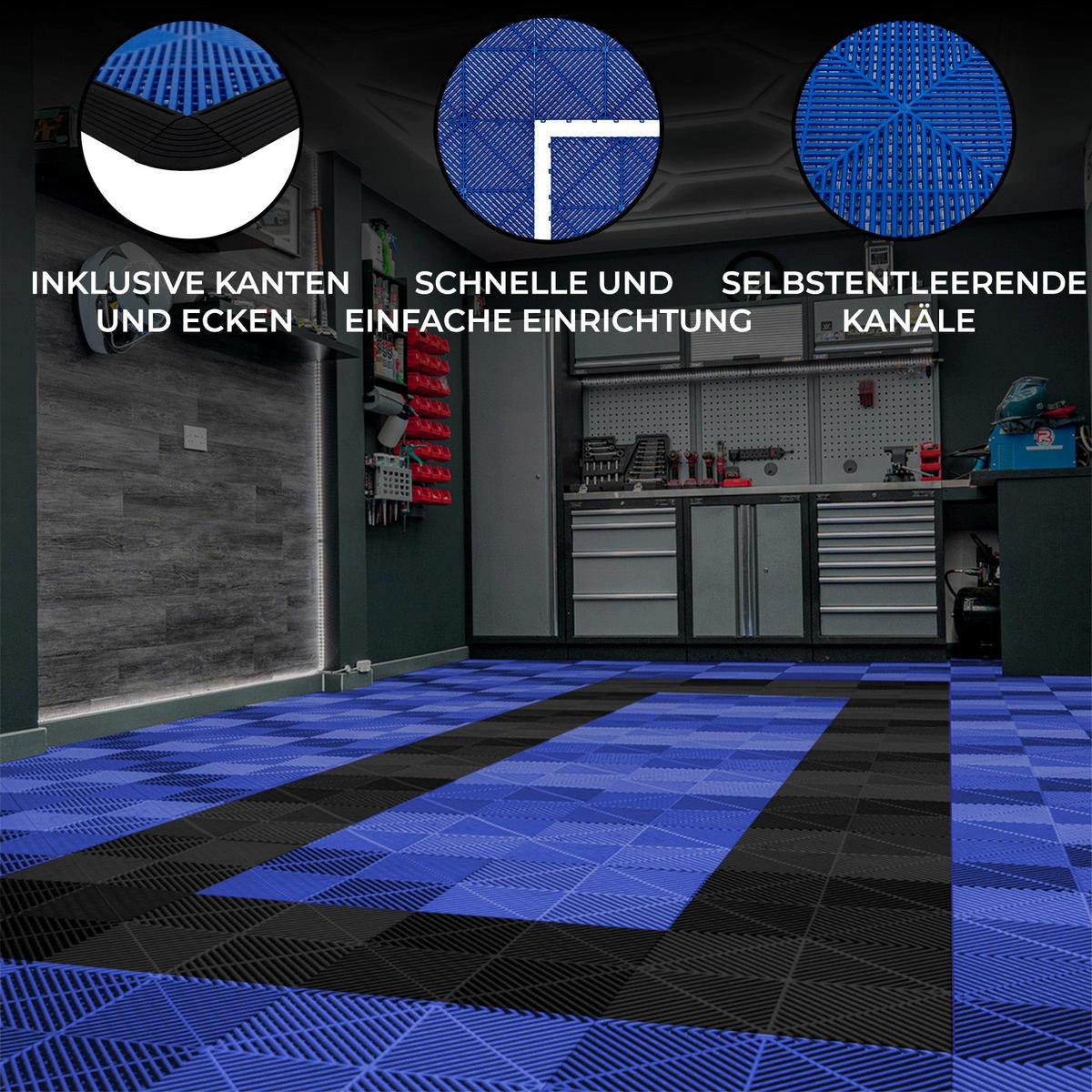 GARAGENBODENFLIESEN Belüftete mit Kanten – 90 Blau und 30 Schwarz - Blau, Kunststoff (40/1.8/40cm)