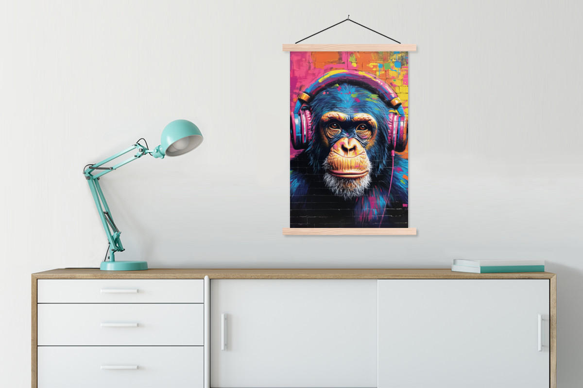 POSTER Graffiti - Schimpanse - Straßenkunst - Kopfhörer - Affe 60x90 cm - Blau, Textil (60/90/0.15cm) - MuchoWow