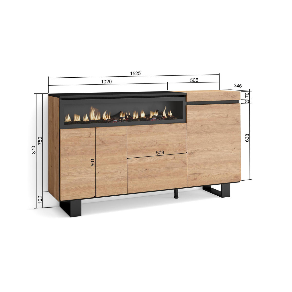 SIDEBOARD eiche, schwarz, 150/35/87cm - Multicolor, Holzwerkstoff (150/87/35cm) - Skraut Home