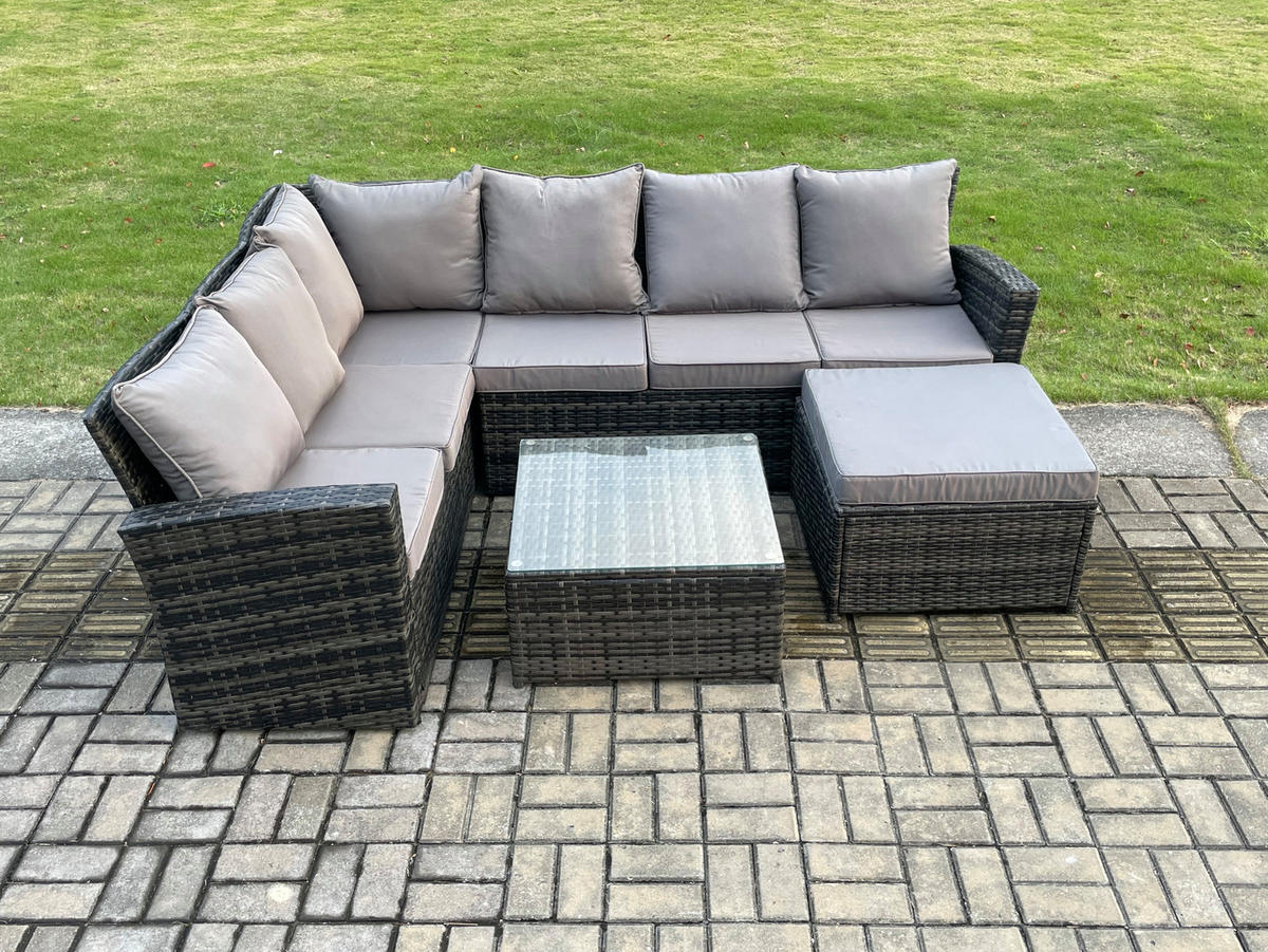 BALKONMÖBEL-SETS mit Ecksofa,Quadratischer Couchtisch,2 Sesseln Polyrattan Dunkelgrau 6-Sitzer - Dunkelgrau/Grau, Glas/Kunststoff - Fimous