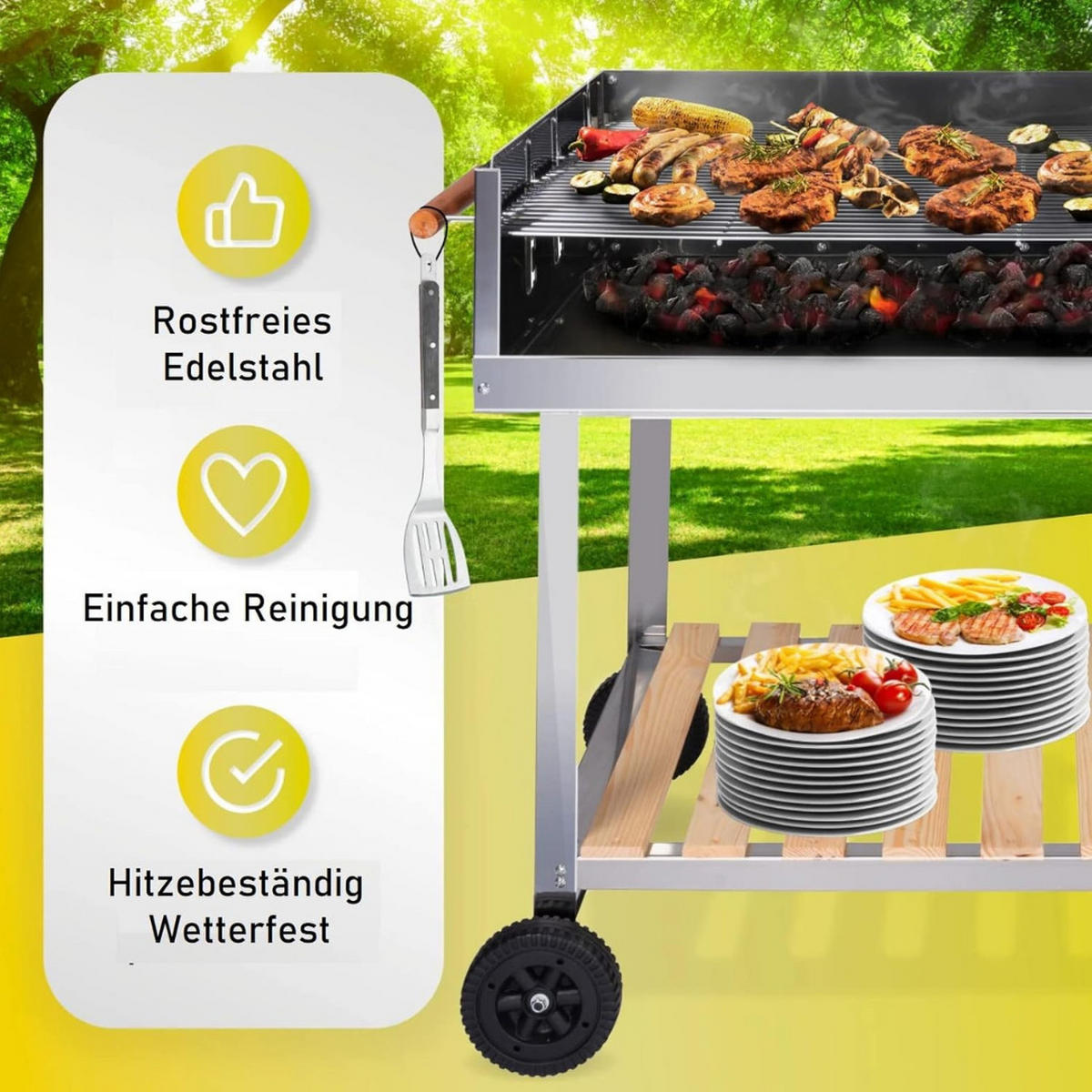 GRILLWAGEN Edelstahl 145 cm Holzkohlegrill mit Ablageflächen und Grillrost - Silberfarben/Schwarz, Holz/Metall (60/90/145cm) - Resch