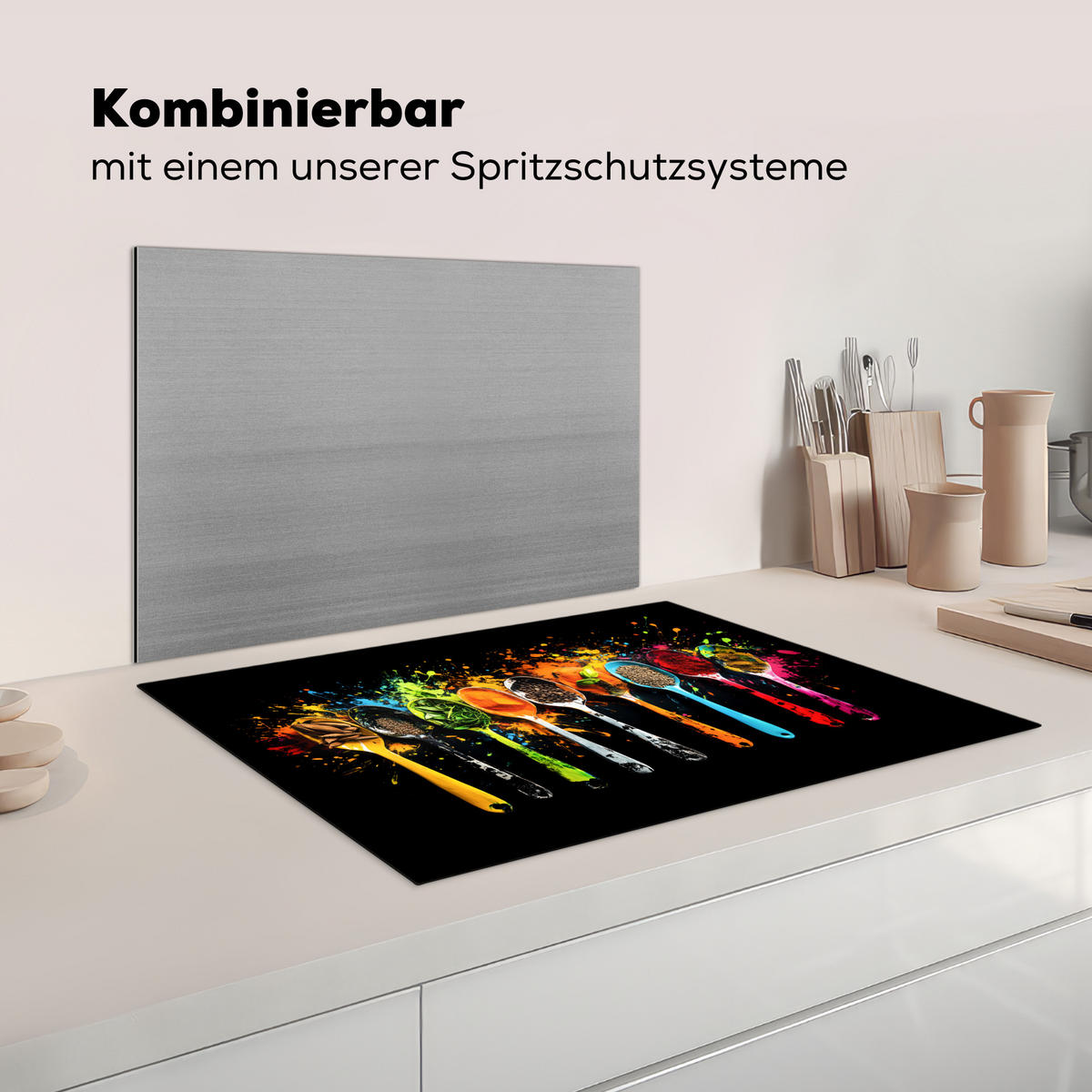 KRYT NA INDUKČNÍ DESKU Lžičky - koření - moderní - graffiti - barva - barevné 75x52 cm - různobarevná, plast (75/52/0.2cm) - MuchoWow