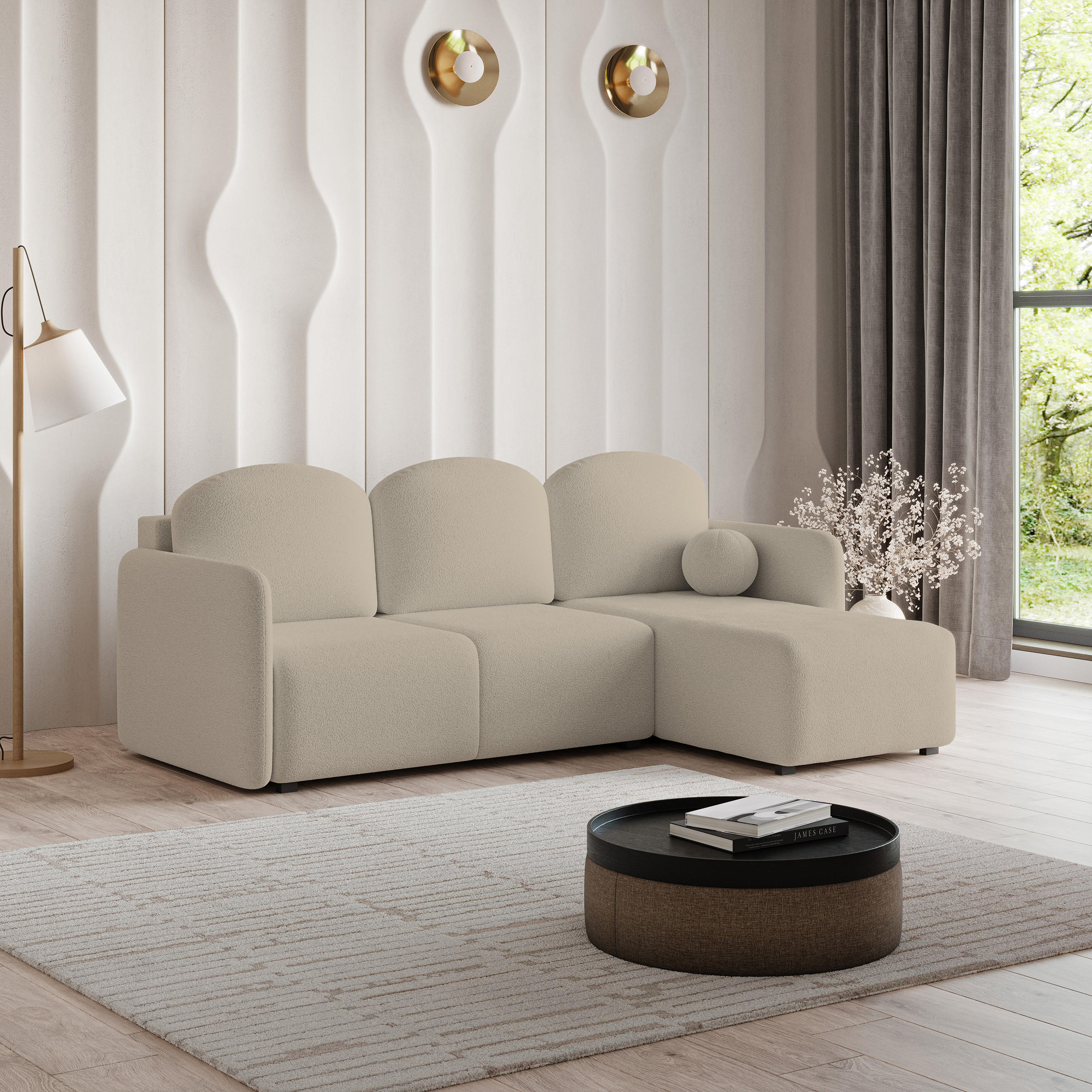 ECKSOFA SUVINO Beige Boucle-Stoff mit Schlaffunktion - Beige, Holz (230/143cm) - MASSENO