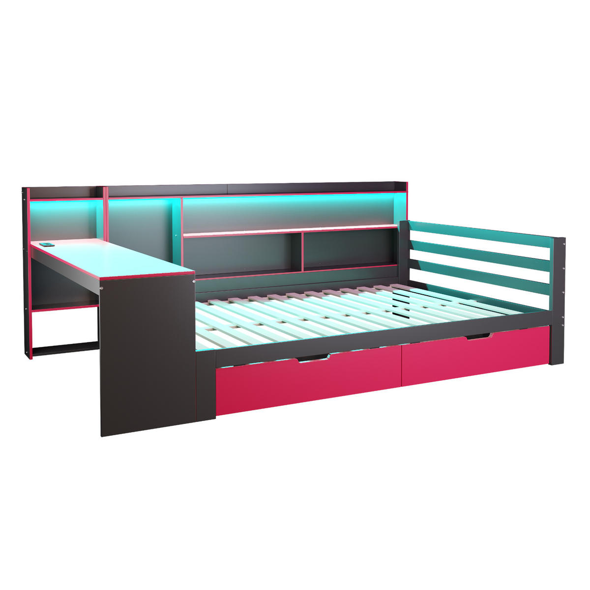 MULTIFUNKČNÁ posteľ 140/200 cm čierna s červenou z dreva s písacím stolom policami zásuvkami LED osvetlením a USB - čierna, kompozitné drevo (140/200cm) - OKWISH