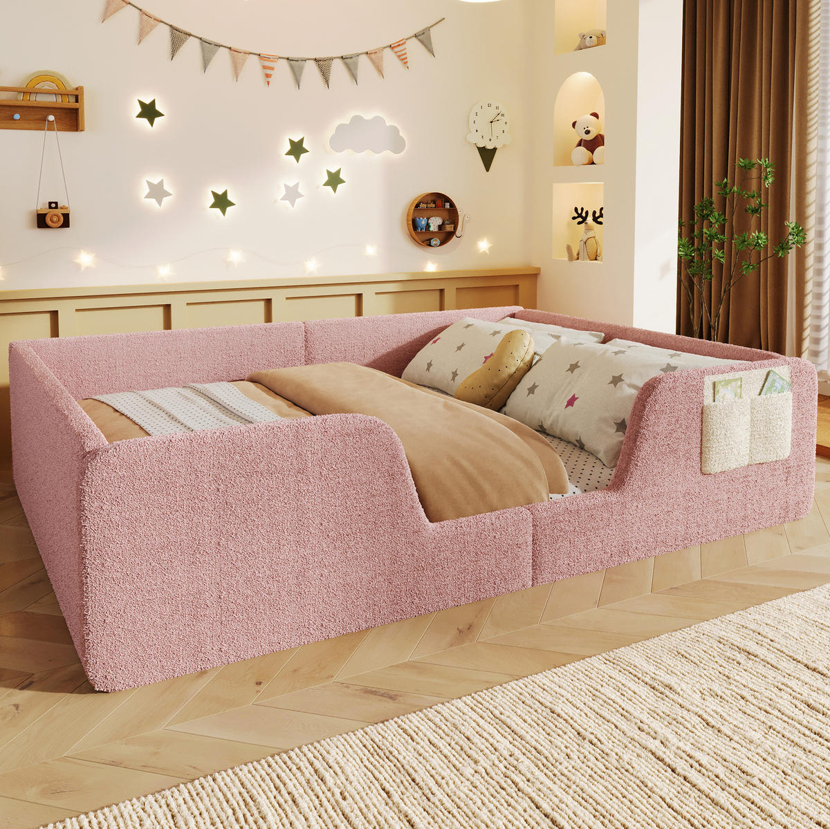POLSTERBETT aus Samt 140x190 cm Rosa mit abnehmbaren Seitengittern und Stofftasche - Rosa, Textil (140/190cm) - Modfu