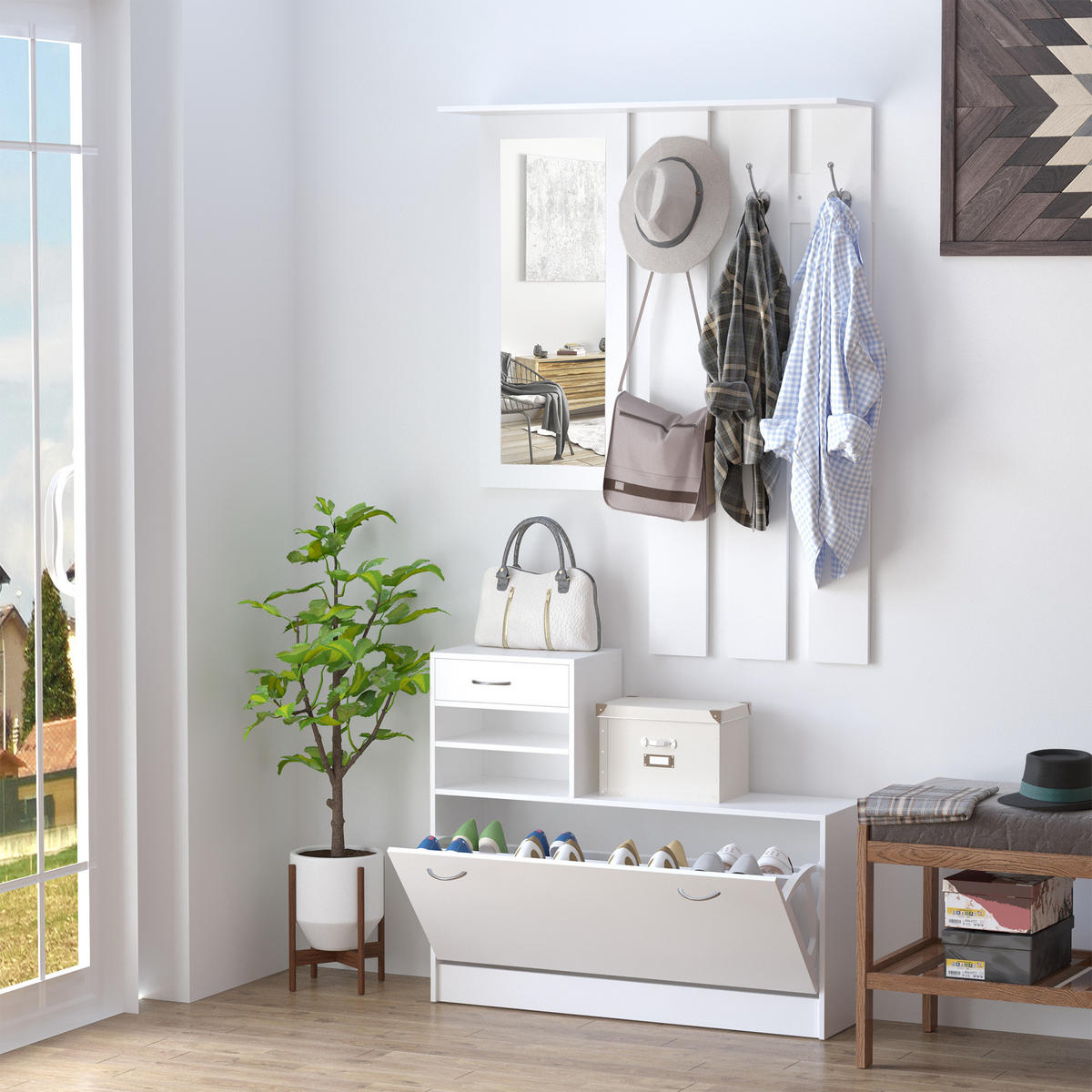 GARDEROBE DE-16826 3-in-1 mit Spiegel & 6 Haken Weiß - Weiß, Holzwerkstoff (22/116/90cm) - ComfortXL