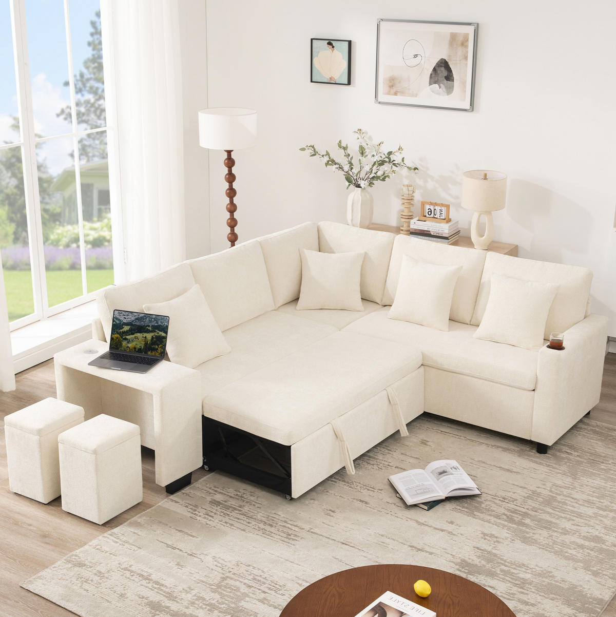 ECKSOFA 220/205/86,5 cm mit Schlaffunktion, Stauraum, Chenille-Bezug, USB- und USB-C-Anschluss, Beige - Beige, Textil (220/205cm) - Redom