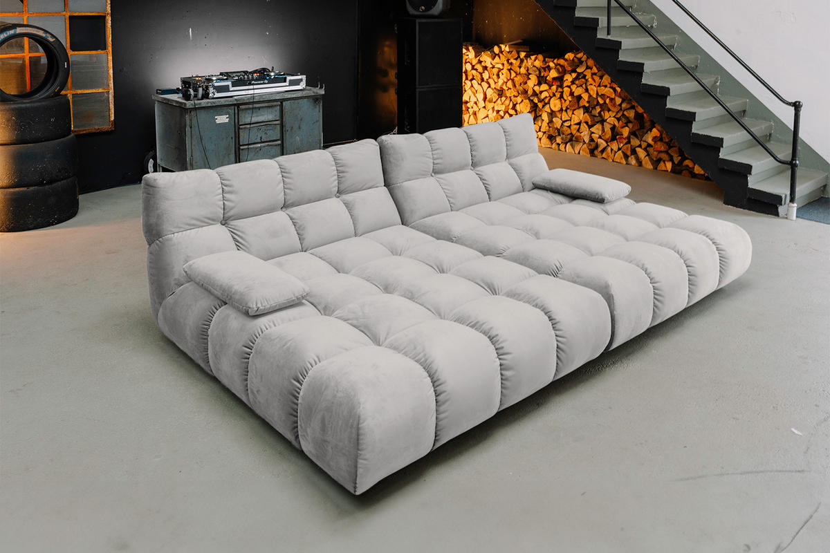 BIG SOFA VIVIEN Silber Velvet - Silberfarben/Schwarz, Kunststoff/Textil (296/85/178cm) - KAWOLA