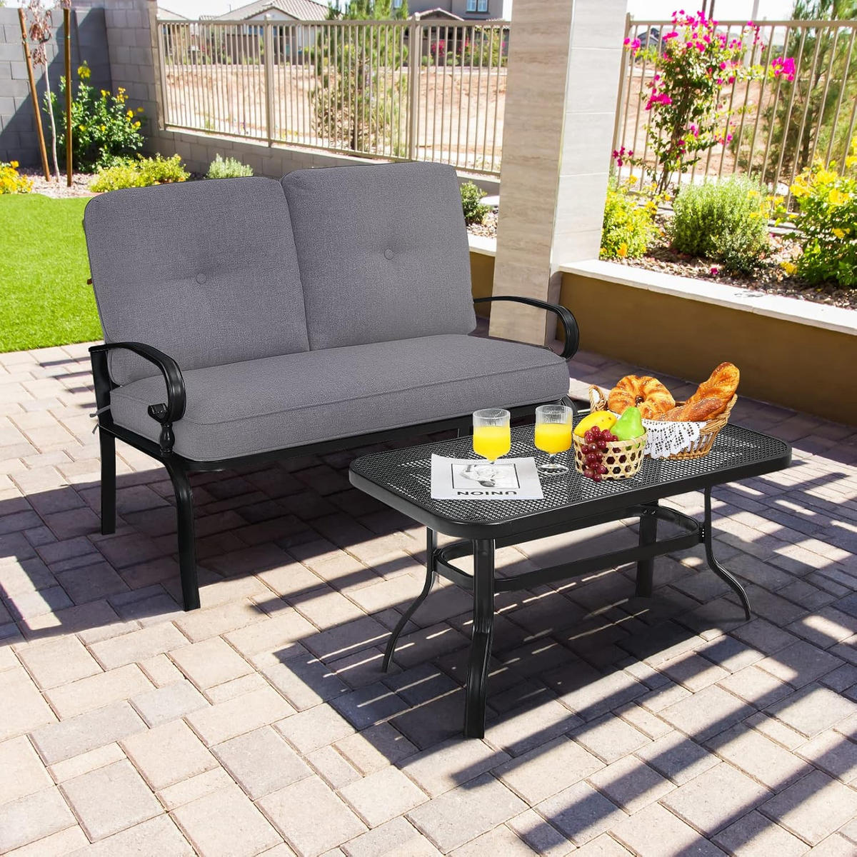 GARTENBANK 2-Sitzer mit Couchtisch Grau - Grau, Metall - COSTWAY