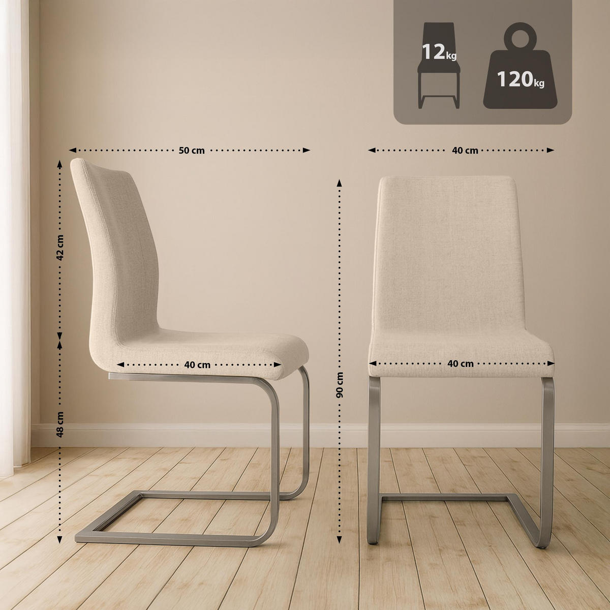SCHWINGSTUHL 2er Set Stoff Creme - Edelstahlfarben/Creme, Textil/Metall (40/90/50cm) - CLP