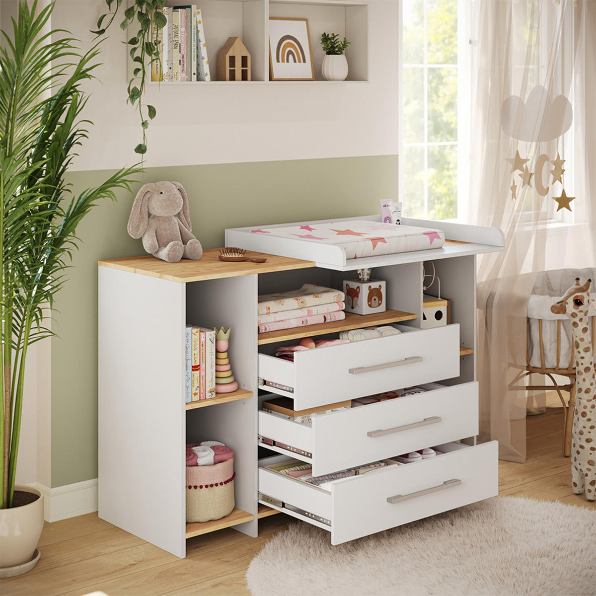 WICKELKOMMODE Oskar Weiß/Goldkraft Eiche 143.2 x 93 cm mit 3 Schubladen - Eichefarben/Weiß, Holzwerkstoff (143.2/93/53.1cm) - Vicco