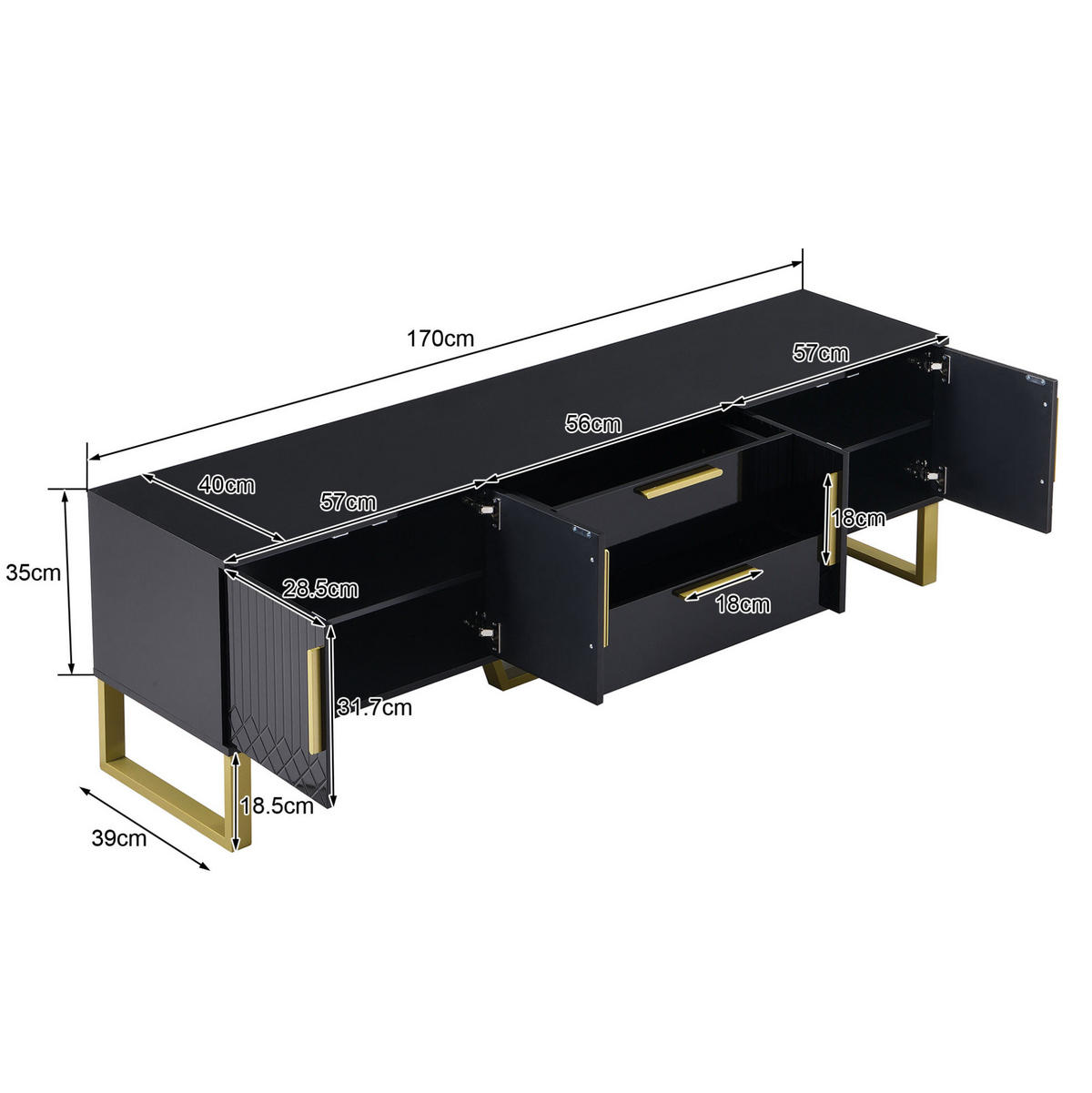 LOWBOARD 170/40/53.5 cm Schwarz aus MDF Hochglanz mit 4 Türen und 2 Schubladen - Schwarz, Holzwerkstoff (39/53.5/170cm) - OKMYHOME