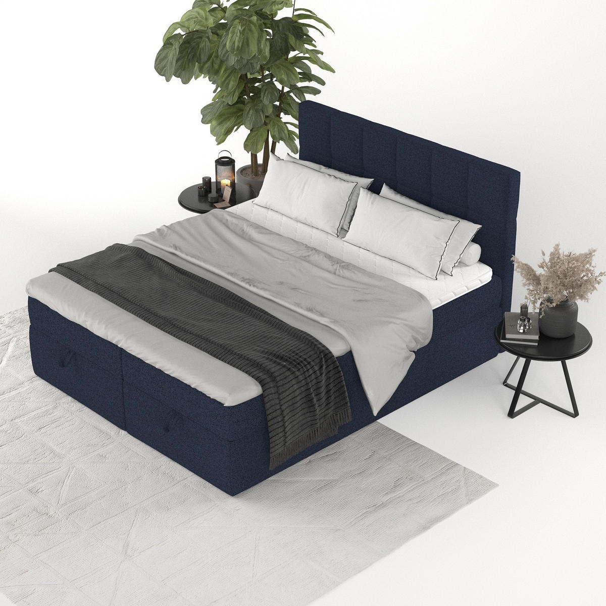 BOXBETT Savio 160/200 cm Marineblau im Riva Stoff - Schwarz/Dunkelblau, Holz/Holzwerkstoff (160/200cm) - AltaBeds