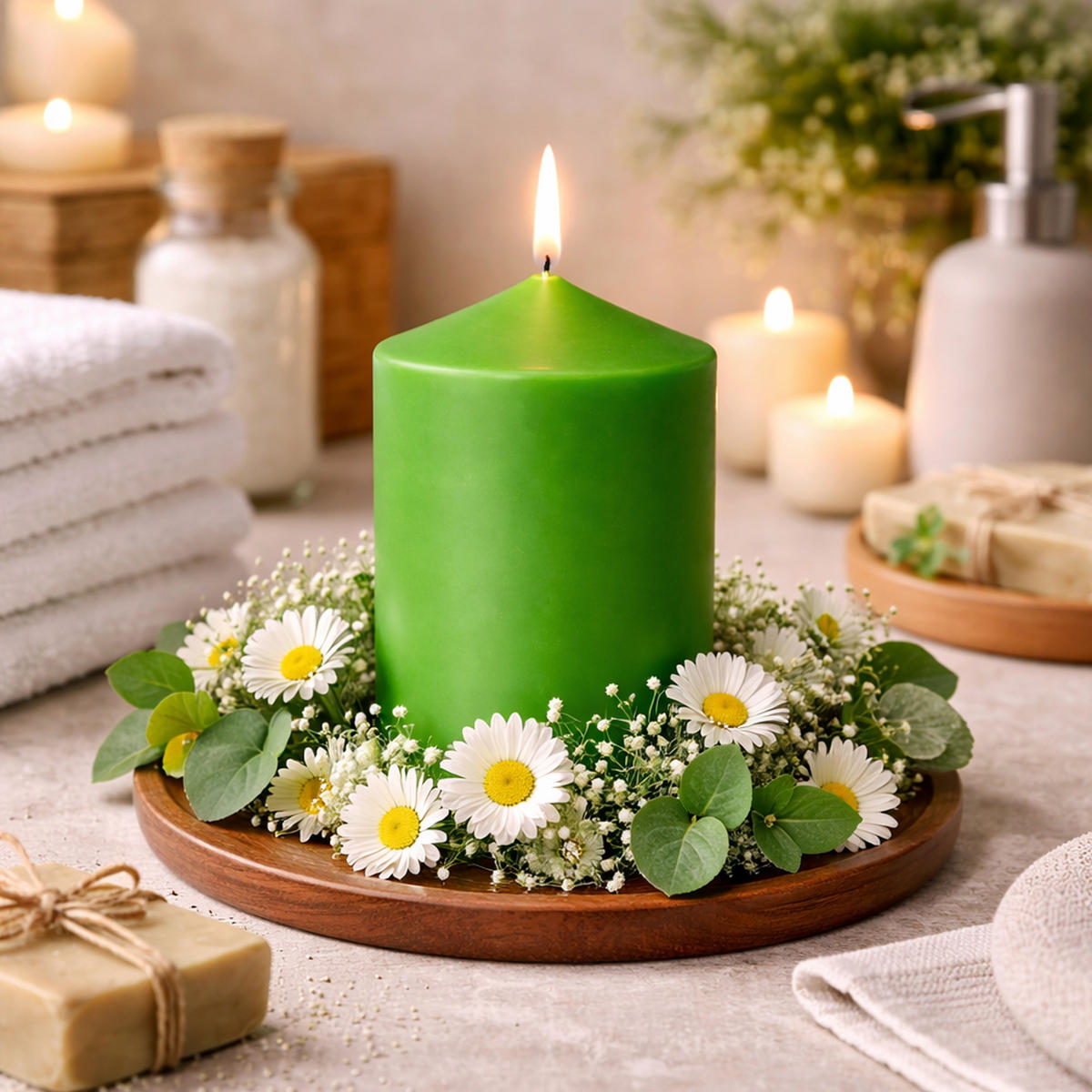 STUMPENKERZEN (4er Pack) Ø6cm x 10cm - Grün - Grün, Naturmaterialien (10cm) - HS Candle