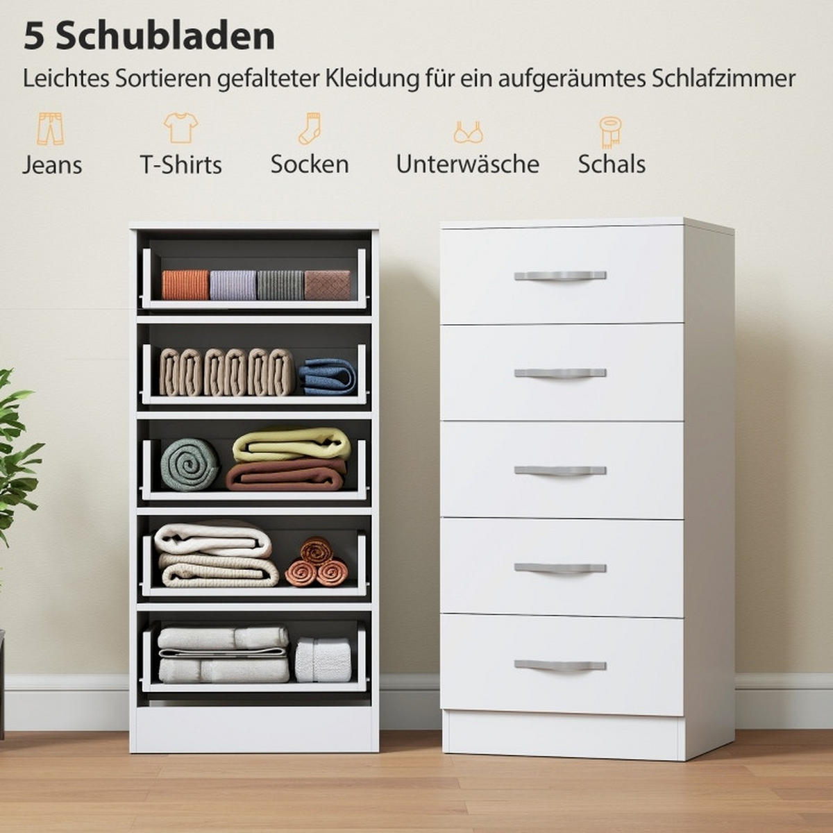 KOMMODE 35/40/85 cm mit 5 Schubladen und Kippschutz, schmaler Stauraum aus Holzwerkstoff, Weiß - Weiß, Holz (40/85/35cm) - Redom