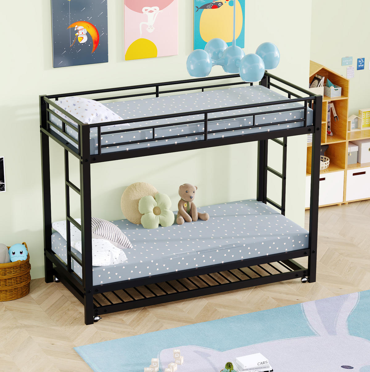 ETAGENBETT 90/200 cm in Schwarz aus Metall mit Ausziehbett und hohem Sicherheitsgeländer - Schwarz, Metall (90/200cm) - OKMYHOME