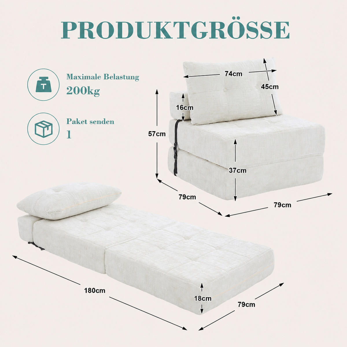 SCHLAFSOFA Beige mit Klappfunktion, Chenille - Beige, Textil/Metall (79/57/79cm) - CHICFURN