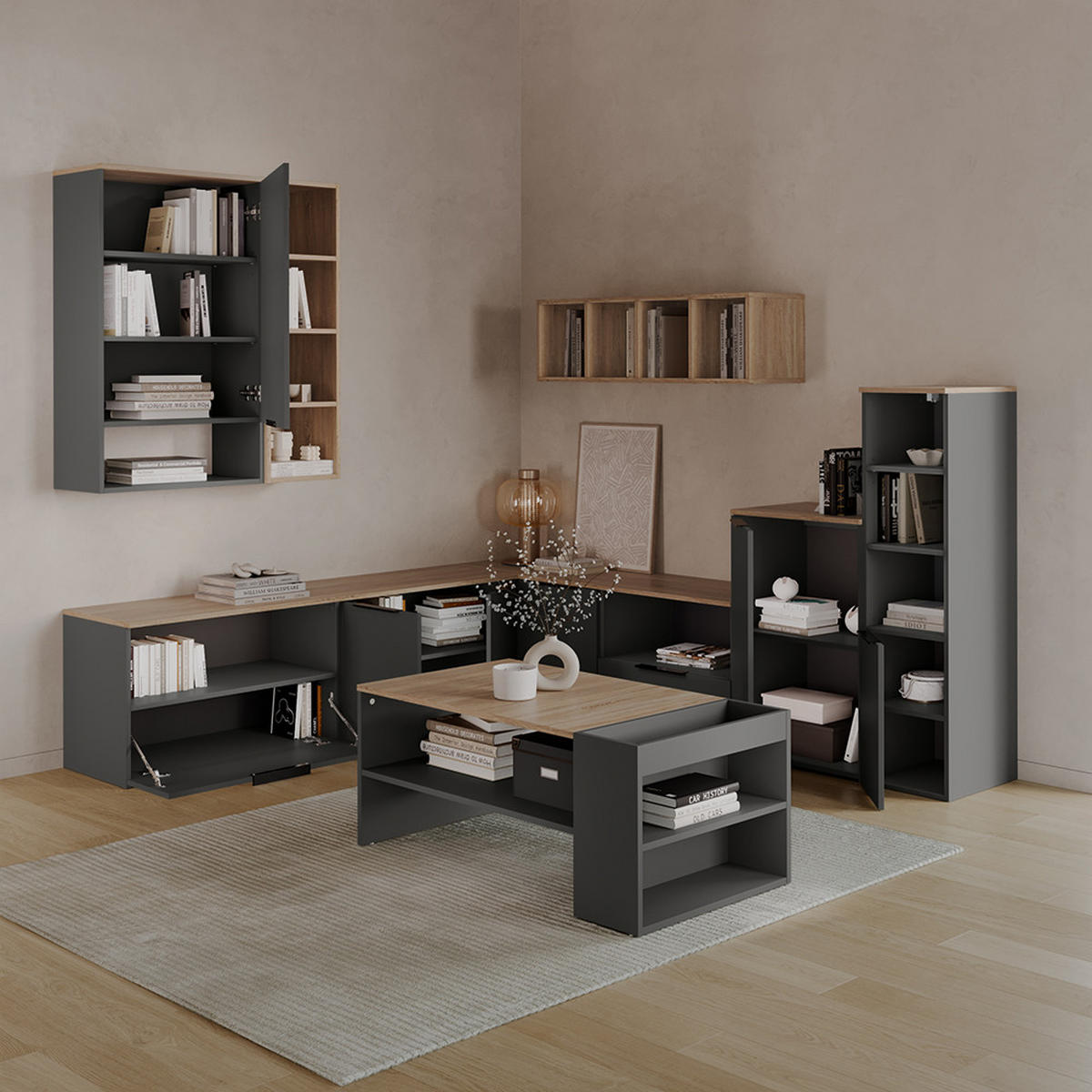 KOMMODE Piave Anthrazit/Sonoma mit klappe - Anthrazit/Sonoma Eiche, Holzwerkstoff (60/50/40cm) - Livinity®