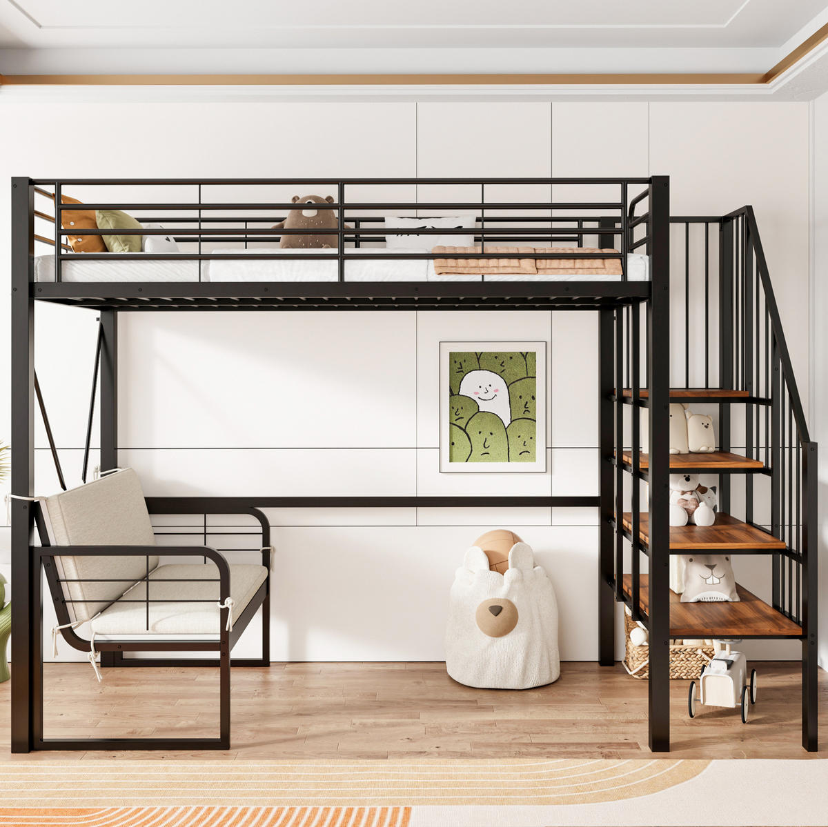 ETAGENBETT 90/200 cm, Schwarz mit Stauraumleiter und Polstersofa - Schwarz, Metall (90/200cm) - MIVRAY