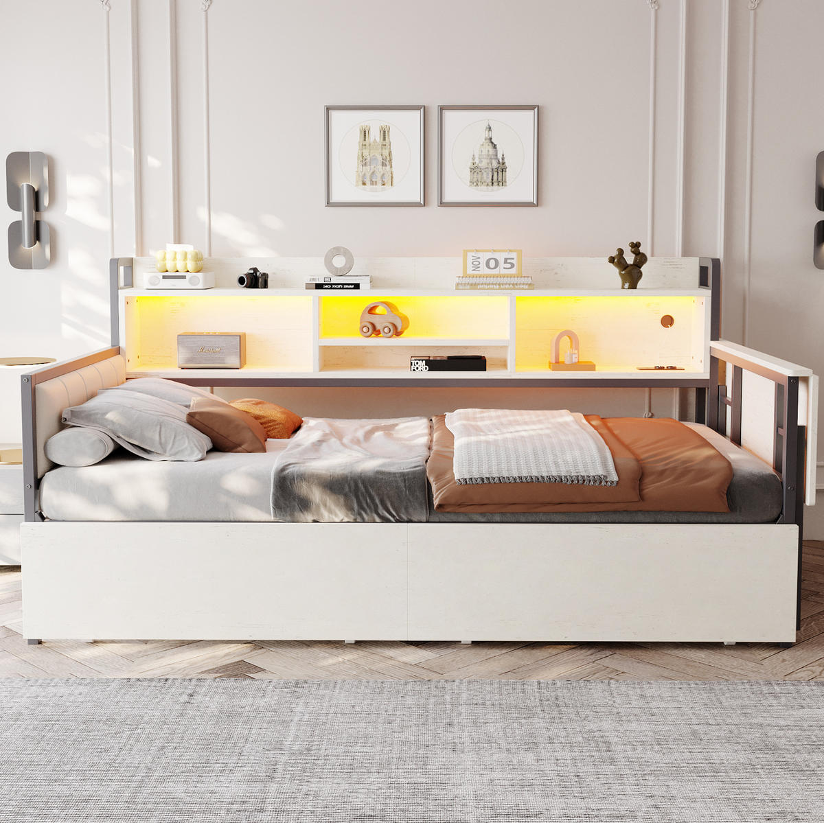 MULTIFUNKTIONSBETT aus Metall 90x200 cm Weiß/Holzfarbe mit LED, Steckdose, Schubladen und ausziehbarem Schreibtisch - Weiß, Metall (90/200cm) - Modfu