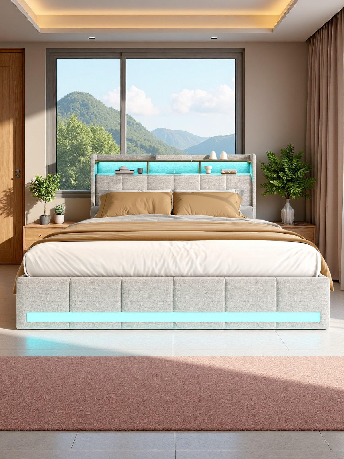 ČALÚNENÁ posteľ 140x200 cm béžová ľanová LED USB 4 zásuvky - béžová, kov - SHOPENTRA