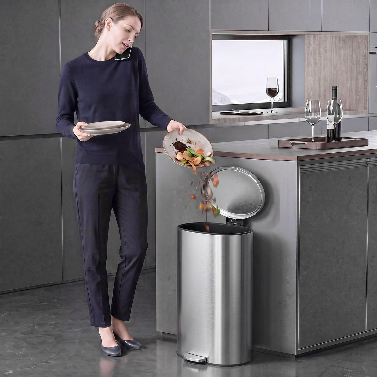 KÜCHENMÜLLEIMER ABS Edelstahl 410 Silber - Silberfarben, Metall (34.5/64.2/33.5cm) - HOMCOM