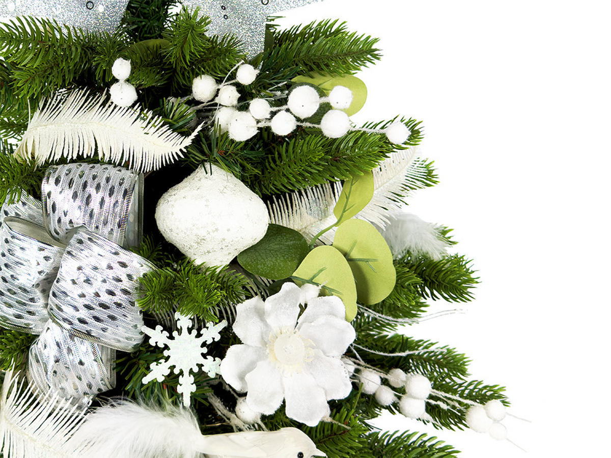 WEIHNACHTSBAUM künstlicher 60 cm mit LED-Beleuchtung, WEISSEMELODIE II, mit 29 Weihnachtsbaumschmuck, Pflanztopf mit Jutesack - Silberfarben/Weiß, Kunststoff/Stein (40/60cm) - LAALU