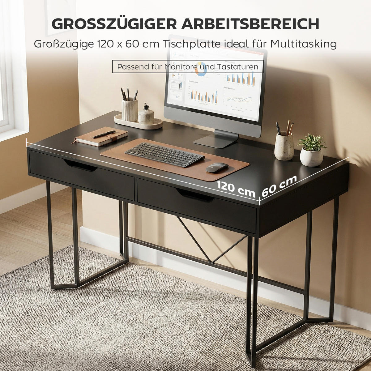 BÜROTISCH Schwarz 1 Stück - Schwarz, Holzwerkstoff (60/120/77cm) - GiPP