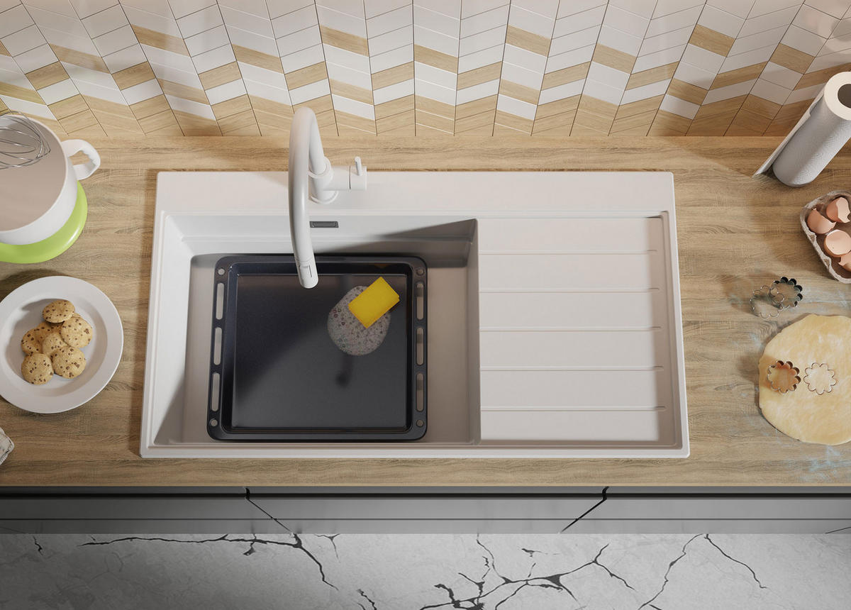 SPÜLBECKEN Sydney, 2-er set Weiß 90/50 cm 1 Becken + Ablauf-Set + Küchenzubehörset ab 60er Unterschrank - Chromfarben/Beige, Kunststoff (90/20/50cm) - Primagran