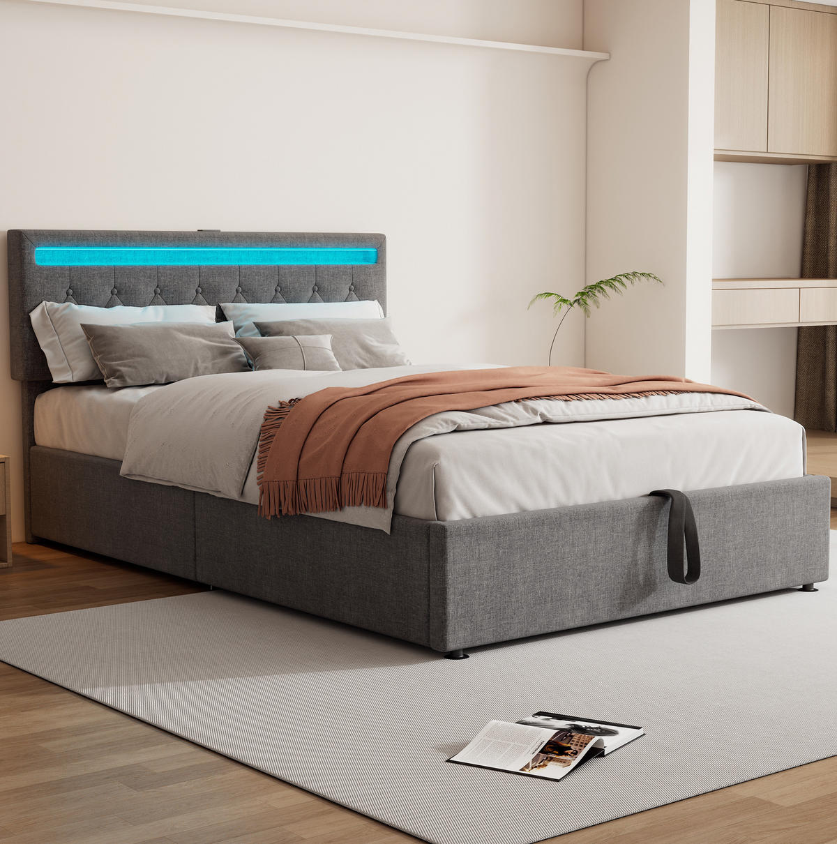 POLSTERBETT mit LED-Beleuchtung 140/200 cm in Grau mit Bettkasten & USB-C - Grau, Textil (140/200cm) - BEAOK