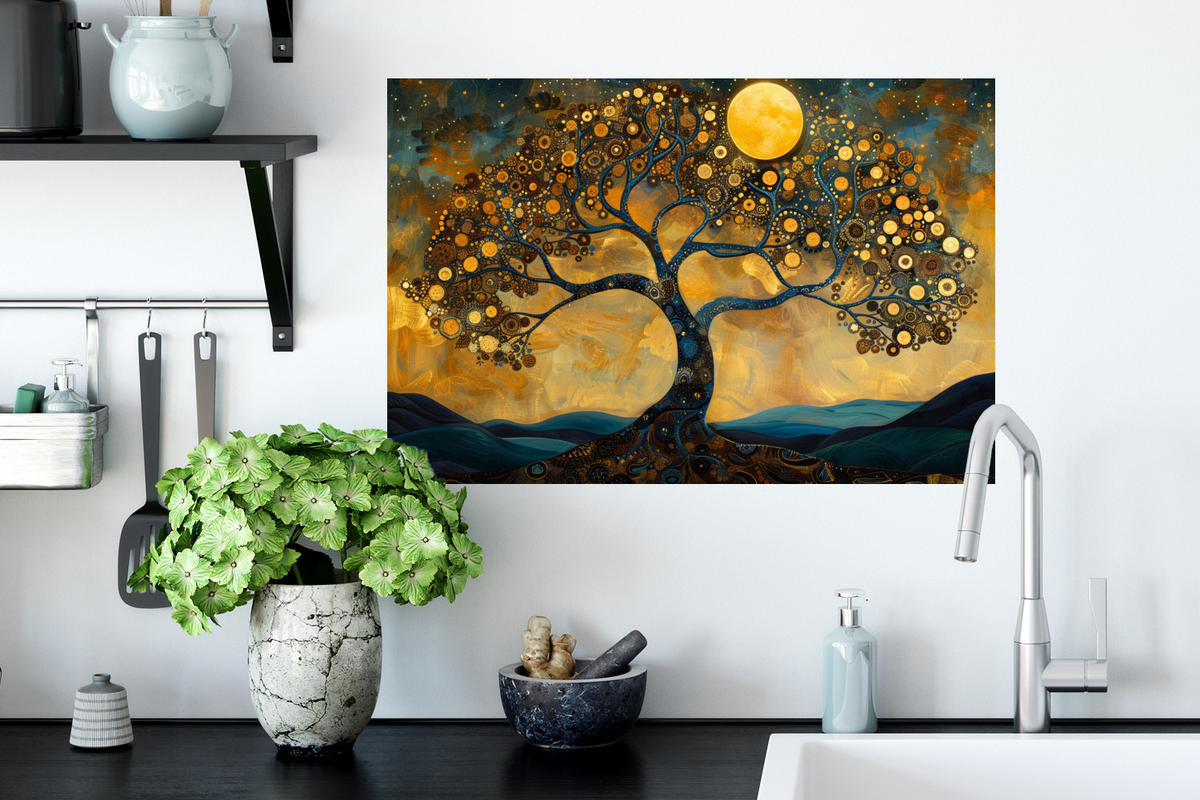 WANDTATTOO Baum - Mond - Blumen - Gold - Kunst 60x40 cm - Orange, Kunststoff (60/40/0.1cm) - MuchoWow