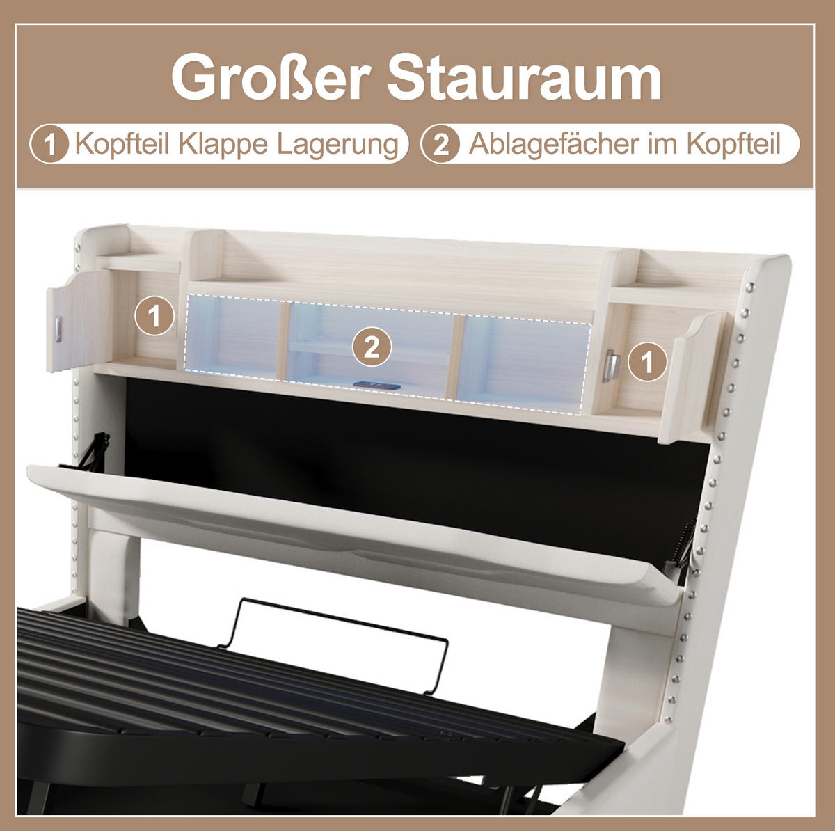 POLSTERBETT 140/200 cm Beige aus Leinen mit Bettkasten und LED-Beleuchtung - Beige, Textil (140/200cm) - OKMYHOME