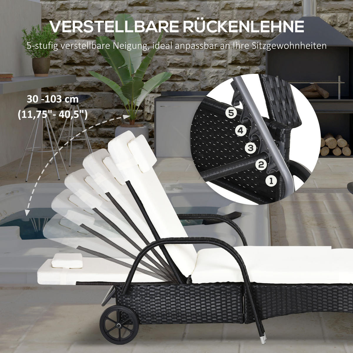 SONNENLIEGE, Polyrattan+Metall, Schwarz - Multicolor, Kunststoff (73/103/200cm) - Outsunny